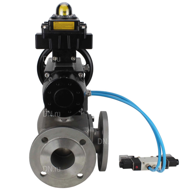 Кран шаровой BV3232P(4pc)-FP-3WL-F Ду100 Ру16 полнопроходной трехходовой, фланцевый, корпус - нержавеющая сталь SS316, с пневмоприводом PA-DA-105-1 двойного действия, пневмораспределителем 4V320-08 AC220V и БКВ APL-410N EX в Алматы