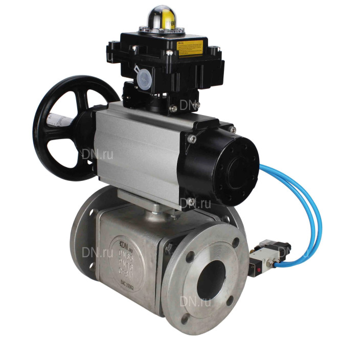 Кран шаровой BV3232P(4pc)-FP-3WL-F Ду100 Ру16 полнопроходной трехходовой, фланцевый, корпус - нержавеющая сталь SS316, с пневмоприводом PA-DA-105-1 двойного действия, пневмораспределителем 4V320-08 AC220V и БКВ APL-410N EX в Алматы