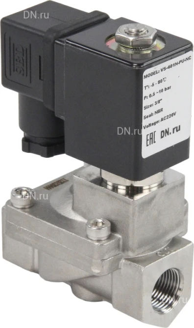 Клапан электромагнитный VS431-ET-NC-24VAC 3/8″ Ду10 Ру16 пилотного действия двухходовой, корпус - сталь нержавеющая 304, присоединение - внутренняя резьба, уплотнение - EPDM, нормально-закрытый, катушка - 24В AC в Алматы