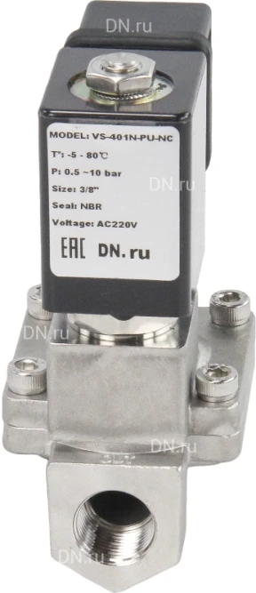 Клапан электромагнитный VS431-ET-NC-24VAC 3/8″ Ду10 Ру16 пилотного действия двухходовой, корпус - сталь нержавеющая 304, присоединение - внутренняя резьба, уплотнение - EPDM, нормально-закрытый, катушка - 24В AC в Алматы