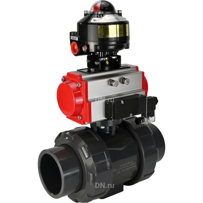 Кран шаровой BV4242E-FP-GRM-ISO Дн80 Ру10 полнопроходной, корпус - НПВХ, шар - НПВХ, уплотнение - EPDM, с пневмоприводом PA-DA-065, пневмораспределителем 4M310-08 DC24V и БКВ APL-510N EX в Алматы