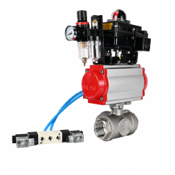 Кран шаровой BV3232P(4pc)-SP-3WL-T-ISO-H WDVF Ду40 Ру63 стандартнопроходной, 3-ходовой L-тип, внутренняя резьба, нержавеющая сталь AISI 316, PTFE, с пневмоприводом PA-DA-083, пневмораспределителем 4V320-10 AC220V, БКВ APL-410N EX и БПВ AFC2000