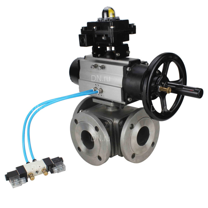 Кран шаровой BV3232P(4pc)-FP-3WL-F Ду100 Ру16 полнопроходной трехходовой, фланцевый, корпус - нержавеющая сталь SS316, с пневмоприводом PA-DA-105-1 двойного действия, пневмораспределителем 4V320-10 AC220V и БКВ APL-410N EX в Алматы