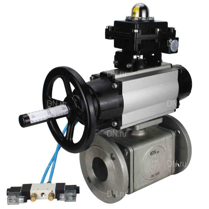Кран шаровой BV3232P(4pc)-FP-3WL-F Ду100 Ру16 полнопроходной трехходовой, фланцевый, корпус - нержавеющая сталь SS316, с пневмоприводом PA-DA-105-1 двойного действия, пневмораспределителем 4V320-10 AC220V и БКВ APL-410N EX в Алматы