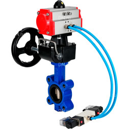 Затвор дисковый поворотный WBV1616N-2W-Fb-H Ду125 Ру16 LUG, корпус - чугун QT450, диск - чугун QT450, уплотнение - NBR, с пневмоприводом PA-DA-105, пневмораспределителем 4M320-08 AC220V и ручным дублером MON3-700-T38-ISO