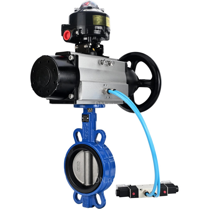 Затвор дисковый поворотный WBV1132N-2W-Fb-H Ду125 Ру16, корпус - чугун GG25, диск - нержавеющая сталь 316L, уплотнение - NBR, с пневмоприводом PA-DA-105-1 двойного действия, с пневмораспределителем 4V320-08 AC220V, с БКВ APL-510N-EX в Алматы