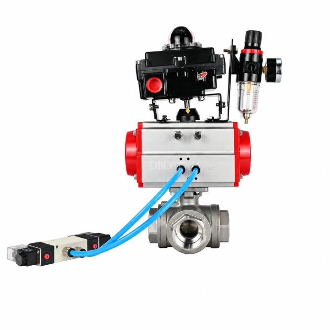 Кран шаровой BV3232P(4pc)-SP-3WL-T-ISO-H WDVF Ду65 Ру40 стандартнопроходной, 3-ходовой L-тип, внутренняя резьба, нержавеющая сталь AISI 316, PTFE, с пневмоприводом PA-DA-105, пневмораспределителем 4V320-10 AC220V, БКВ APL-410N EX и БПВ AFC2000 в Алматы