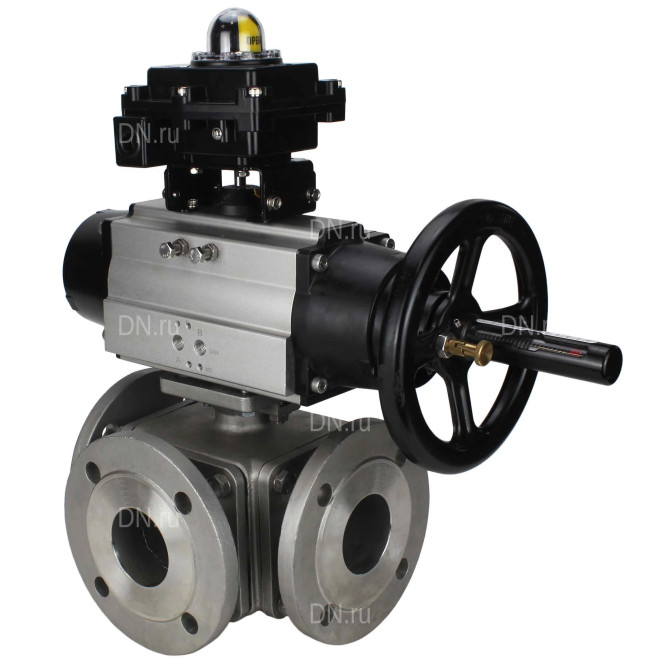 Кран шаровой BV3232P(4pc)-FP-3WL-F Ду100 Ру16 полнопроходной трехходовой, фланцевый, корпус - нержавеющая сталь SS316, с пневмоприводом PA-DA-105-1 двойного действия и БКВ APL-410N EX в Алматы