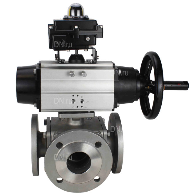 Кран шаровой BV3232P(4pc)-FP-3WL-F Ду100 Ру16 полнопроходной трехходовой, фланцевый, корпус - нержавеющая сталь SS316, с пневмоприводом PA-DA-105-1 двойного действия и БКВ APL-410N EX в Алматы