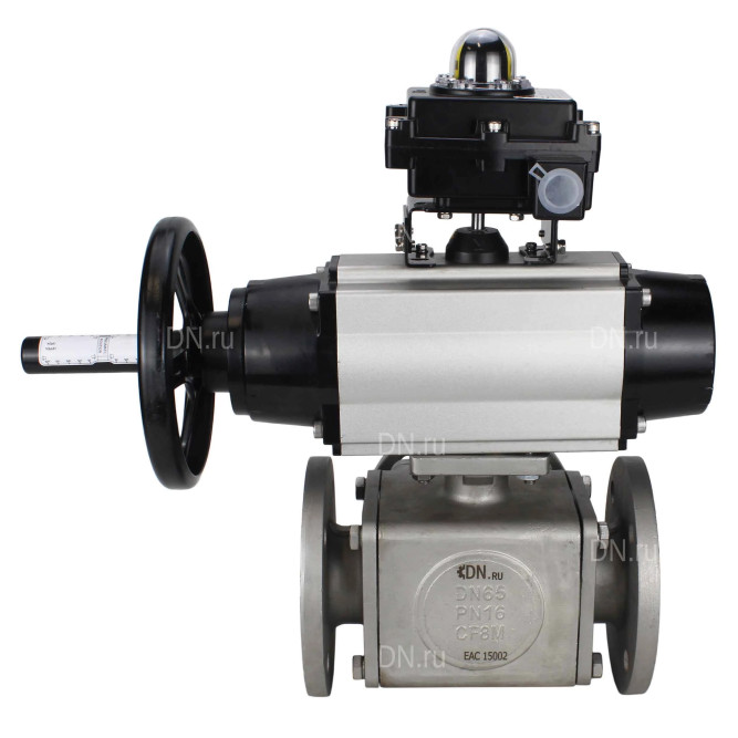 Кран шаровой BV3232P(4pc)-FP-3WL-F Ду100 Ру16 полнопроходной трехходовой, фланцевый, корпус - нержавеющая сталь SS316, с пневмоприводом PA-DA-105-1 двойного действия и БКВ APL-410N EX в Алматы