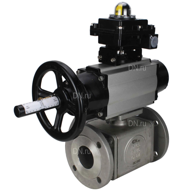 Кран шаровой BV3232P(4pc)-FP-3WL-F Ду100 Ру16 полнопроходной трехходовой, фланцевый, корпус - нержавеющая сталь SS316, с пневмоприводом PA-DA-105-1 двойного действия и БКВ APL-410N EX в Алматы