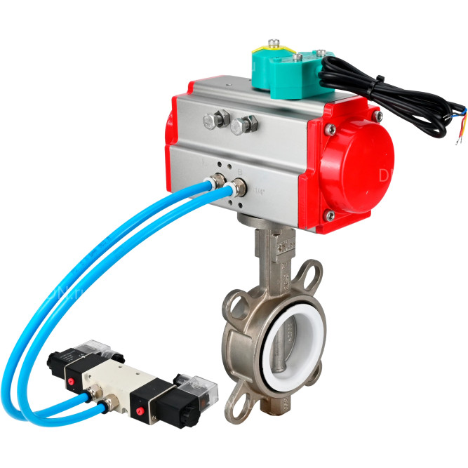 Затвор дисковый поворотный WBV3131P-2W-Fb-H Ду65 Ру16 корпус - нержавеющая сталь 304, диск - нержавеющая сталь 304, уплотнение - PTFE, с пневмоприводом PA-DA-065, пневмораспределителем 4V320-08 AC220V и магнитным переключателем ALS200D в Алматы