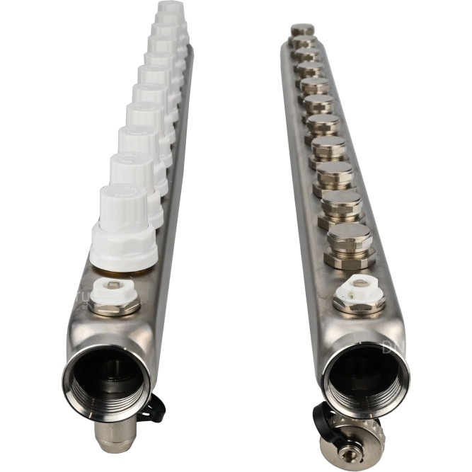 Коллекторная группа GC4-31-11 1″ Ду25 Ру10 отводов — 11, в сборе с терморегулирующими клапанами и запорно-балансировочными клапанами, дренажным краном и воздухоотводчиком, с заглушками, без переходников, корпус - нержавеющая сталь AISI 304 в Алматы