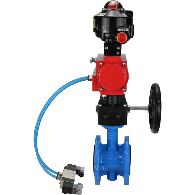 Затвор дисковый поворотный WBV1313E-2W-F-H Ду200 Ру16 фланцевый, корпус - чугун GGG40, диск - чугун GGG40, EPDM, с пневмоприводом PA-DA-140, пневмораспределителем 4V320-10 AC220V, БКВ APL-510N EX и ручным дублером MON2-450-T28-ISO в Алматы