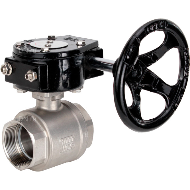 Кран шаровой BV3232P(2pc)-FP-T-ISO-H Ду15 Ру63 полнопроходной двухходовой, нержавеющая сталь SS316, внутренняя резьба, уплотнение - PTFE, с редуктором RDN RQN1-150Z-T24 в Алматы