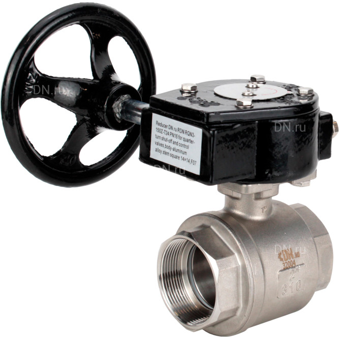 Кран шаровой BV3232P(2pc)-FP-T-ISO-H Ду15 Ру63 полнопроходной двухходовой, нержавеющая сталь SS316, внутренняя резьба, уплотнение - PTFE, с редуктором RDN RQN1-150Z-T24 в Алматы