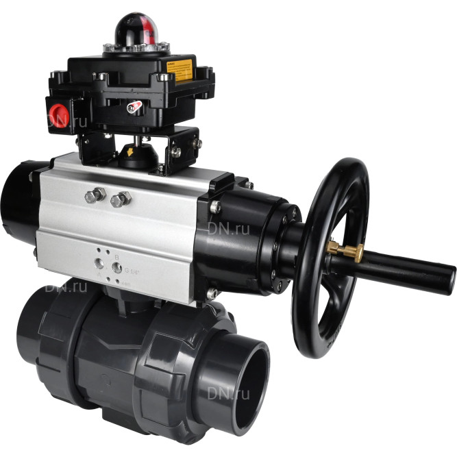 Кран шаровой BV4242E-FP-GRM-ISO Дн40 Ру10 полнопроходной, корпус - НПВХ, шар - НПВХ, уплотнение - EPDM, с пневмоприводом PA-DA-105-1 и БКВ APL-410N EX в Алматы