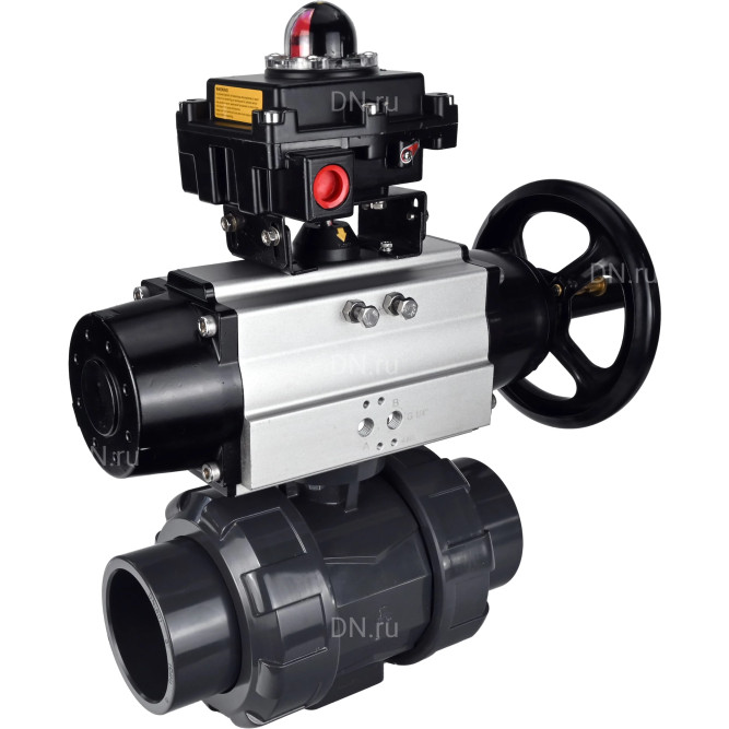Кран шаровой BV4242E-FP-GRM-ISO Дн40 Ру10 полнопроходной, корпус - НПВХ, шар - НПВХ, уплотнение - EPDM, с пневмоприводом PA-DA-105-1 и БКВ APL-410N EX в Алматы