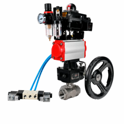 Кран шаровой BV3232P(4pc)-SP-3WT-T-ISO-H WDVF Ду25 Ру63 стандартнопроходной, 3-ходовой Т-тип, внутренняя резьба, с пневмоприводом PA-DA-065, пневмораспределителем 4V320-08 AC220V, БКВ APL-410N EX, БПВ AFC2000 и ручным дублером MON1-250-T26-ISO