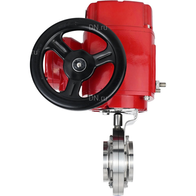 Затвор дисковый поворотный WBV3131E-2W-W-H Ду25 Ру10 под приварку, корпус - пищевая нержавеющая сталь 304, уплотнение - EPDM, с электроприводом QT-EX-005M-O2-380VAC-У1 с моментной муфтой и штурвалом в Алматы