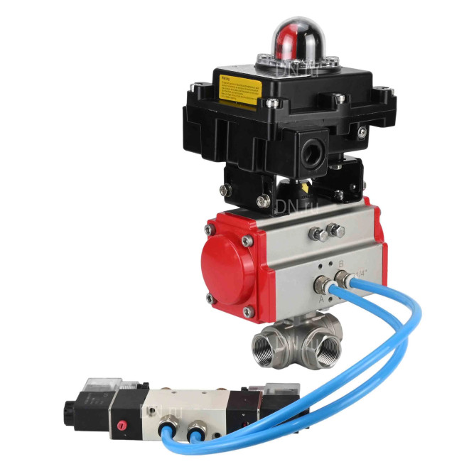 Кран шаровой BV3232P(4pc)-SP-3WL-T-ISO-H Ду40 Ру63, стандартнопроходной, четырехсоставной, корпус - нержавеющая сталь 316, уплотнение - PTFE, внутренняя резьба, с пневмоприводом PA-DA-065, пневмораспределителем 4V320-10 AC220V, БКВ APL-410N Ex в Алматы