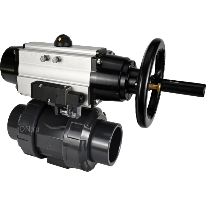 Кран шаровой BV4242E-FP-GRM-ISO Дн100 Ру10 полнопроходной, корпус - НПВХ, шар - НПВХ, уплотнение - EPDM, с пневмоприводом PA-DA-105-1 и пневмораспределителем 4M310-08 DC24V в Алматы