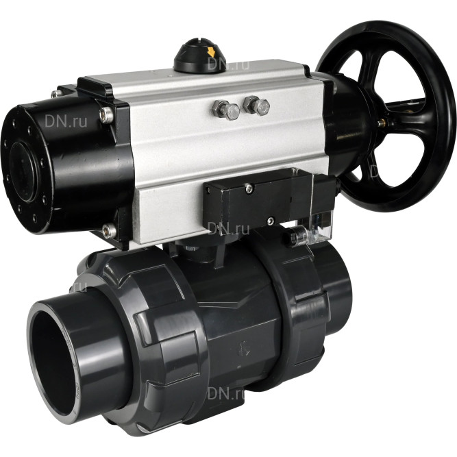 Кран шаровой BV4242E-FP-GRM-ISO Дн100 Ру10 полнопроходной, корпус - НПВХ, шар - НПВХ, уплотнение - EPDM, с пневмоприводом PA-DA-105-1 и пневмораспределителем 4M310-08 DC24V в Алматы