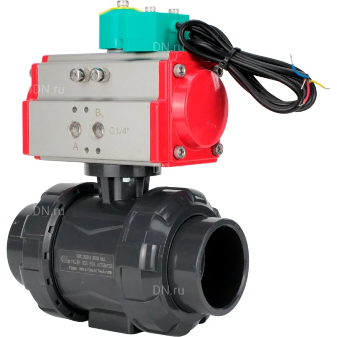 Кран шаровой BV4242E-FP-GRM-ISO Дн40 Ру10 полнопроходной, корпус - НПВХ, шар - НПВХ, уплотнение - EPDM, с пневмоприводом PA-DA-052 и магнитным переключателем ALS200D в Алматы