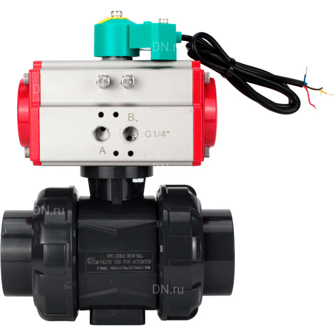 Кран шаровой BV4242E-FP-GRM-ISO Дн40 Ру10 полнопроходной, корпус - НПВХ, шар - НПВХ, уплотнение - EPDM, с пневмоприводом PA-DA-052 и магнитным переключателем ALS200D в Алматы