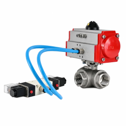Кран шаровой BV3232P(4pc)-SP-3WT-T-ISO-H WDVF Ду25 Ру63 стандартнопроходной, 3-ходовой Т-тип, внутренняя резьба, корпус - нержавеющая сталь AISI 316, уплотнение - PTFE, с пневмоприводом PA-DA-065 и пневмораспределителем 4V320-10 AC220V