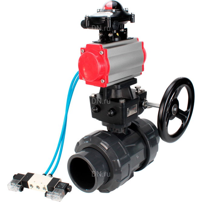 Кран шаровой BV4242E-FP-GRM-ISO Дн65 Ру10 полнопроходной, корпус - НПВХ, шар - НПВХ, уплотнение - EPDM, с пневмоприводом PA-DA-065, пневмораспределителем 4V320-08 AC220V, ручным дублером MON1-250-T26-ISO и БКВ APL-210N в Алматы
