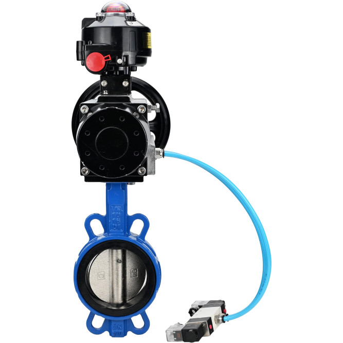Затвор дисковый поворотный WBV1413E-2W-Fb-H Ду150 Ру16, корпус - чугун GGG50, диск - чугун GGG40, уплотнение - EPDM, с пневмоприводом PA-DA-105-1 двойного действия, с пневмораспределителем 4V320-08 AC220V, с БКВ APL-510N-EX в Алматы