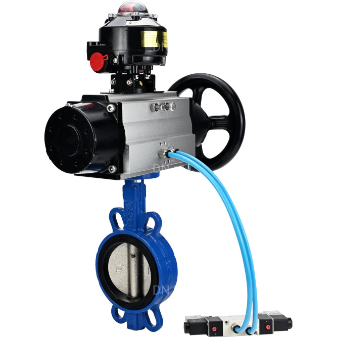 Затвор дисковый поворотный WBV1413E-2W-Fb-H Ду150 Ру16, корпус - чугун GGG50, диск - чугун GGG40, уплотнение - EPDM, с пневмоприводом PA-DA-105-1 двойного действия, с пневмораспределителем 4V320-08 AC220V, с БКВ APL-510N-EX в Алматы