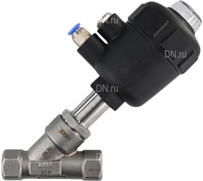 Клапан отсечной пневматический VSP3241P-T-1PNC Ду15 Ру25, корпус - нержавеющая сталь SS316, резьбовой, Y-образный, корпус привода - пластик в Алматы