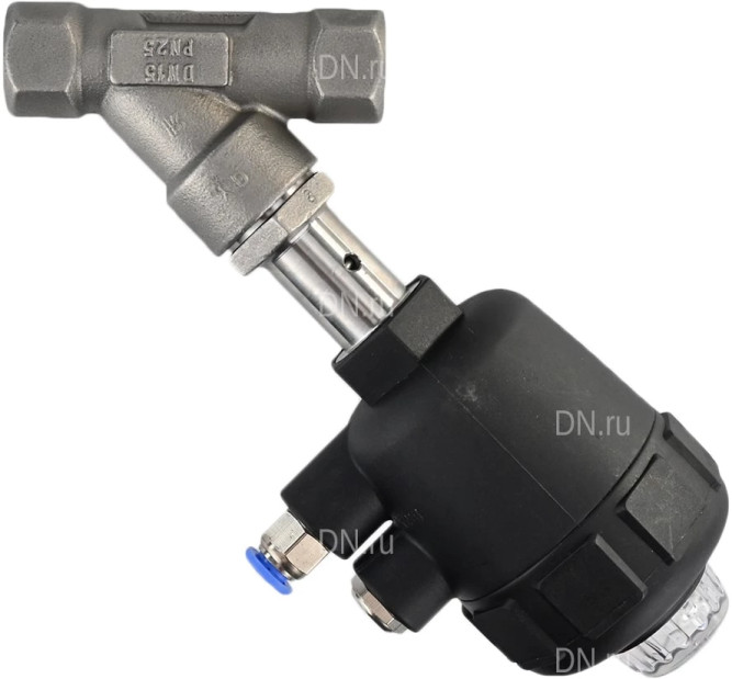 Клапан отсечной пневматический VSP3241P-T-1PNC Ду15 Ру25, корпус - нержавеющая сталь SS316, резьбовой, Y-образный, корпус привода - пластик в Алматы