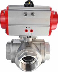 Кран шаровой BV3232P(4pc)-SP-3WL-T-ISO-H Ду20 Ру63 стандартнопроходной L-тип, трехходовой, нержавеющая сталь SS316, внутренняя резьба, уплотнение - PTFE, с пневмоприводом PA-DA-52 двойного действия