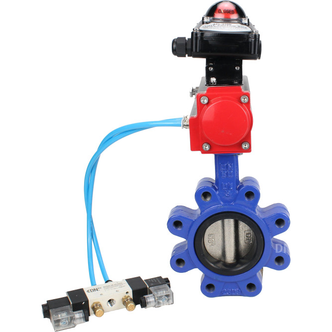 Затвор дисковый поворотный WBV1616N-2W-Fb-H Ду125 Ру16 LUG корпус - чугун QT450, диск - чугун QT450, уплотнение - NBR, с пневмоприводом PA-DA-105, пневмораспределителем 4V320-08 AC220V и БКВ APL-210N в Алматы