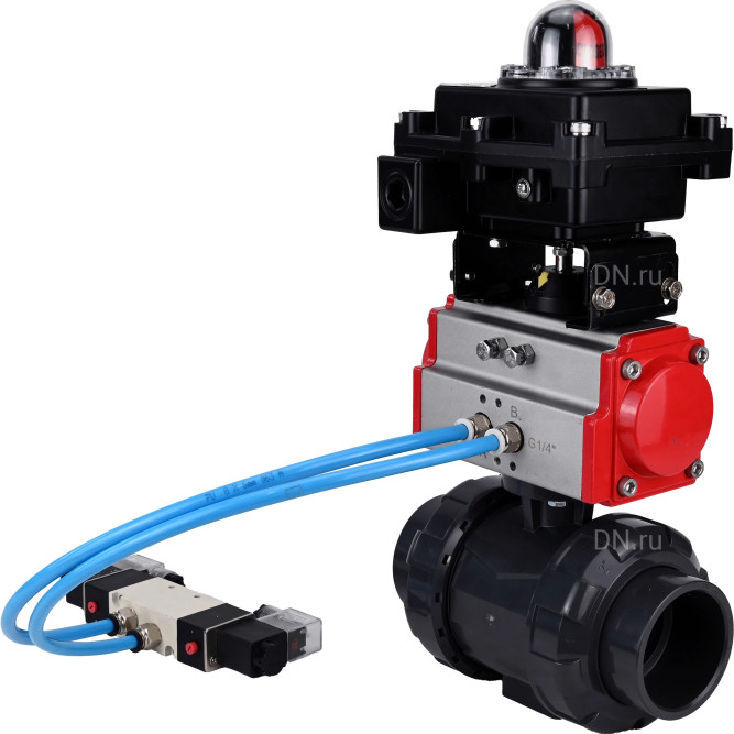 Кран шаровой BV4242E-FP-GRM-ISO Дн40 Ру10 полнопроходной, корпус - НПВХ, шар - НПВХ, уплотнение - EPDM, с пневмоприводом PA-SA-065, пневмораспределителем 4V320-08 AC220V и БКВ APL-410N EX в Алматы