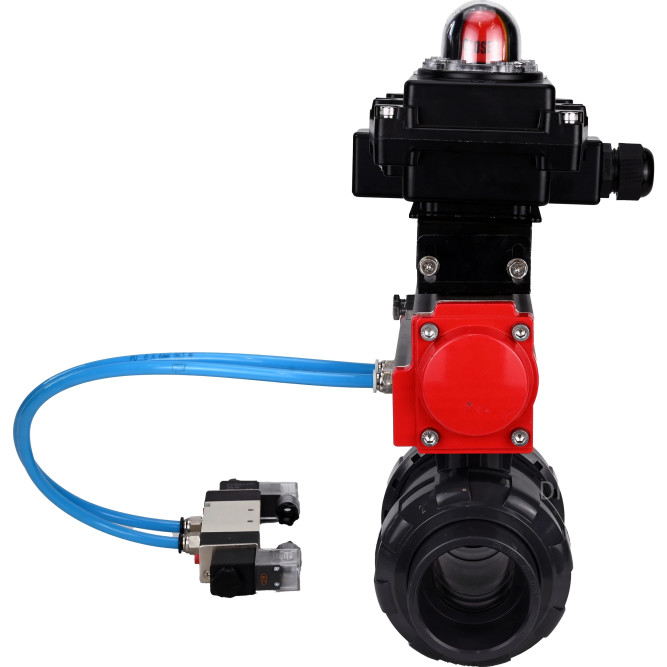 Кран шаровой BV4242E-FP-GRM-ISO Дн40 Ру10 полнопроходной, корпус - НПВХ, шар - НПВХ, уплотнение - EPDM, с пневмоприводом PA-SA-065, пневмораспределителем 4V320-08 AC220V и БКВ APL-410N EX в Алматы