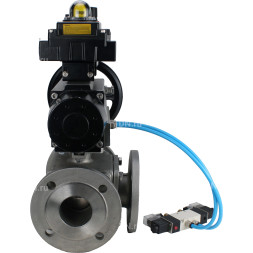 Кран шаровой BV3232P(4pc)-FP-3WL-F Ду100 Ру16 полнопроходной трехходовой, фланцевый, корпус - нержавеющая сталь SS316, с пневмоприводом PA-DA-105-1, пневмораспределителем 4V320-08 AC220V, БКВ APL-410N EX и БПВ AFC2000