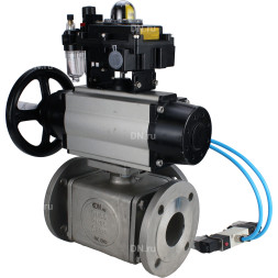 Кран шаровой BV3232P(4pc)-FP-3WL-F Ду100 Ру16 полнопроходной трехходовой, фланцевый, корпус - нержавеющая сталь SS316, с пневмоприводом PA-DA-105-1, пневмораспределителем 4V320-08 AC220V, БКВ APL-410N EX и БПВ AFC2000