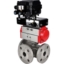 Кран шаровой BV3232P(4pc)-FP-3WL-F Ду50 Ру16 полнопроходной трехходовой, фланцевый, корпус - нержавеющая сталь SS316, с пневмоприводом PA-SA-105 с возвратными пружинами и пневмопозиционером YT-1000RSN с обратной связью