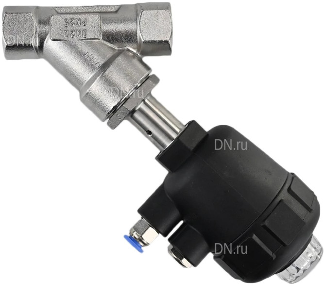 Клапан отсечной пневматический VSP3241P-T-1PNC Ду20 Ру25, корпус - нержавеющая сталь SS316, резьбовой, Y-образный, корпус привода - пластик в Алматы