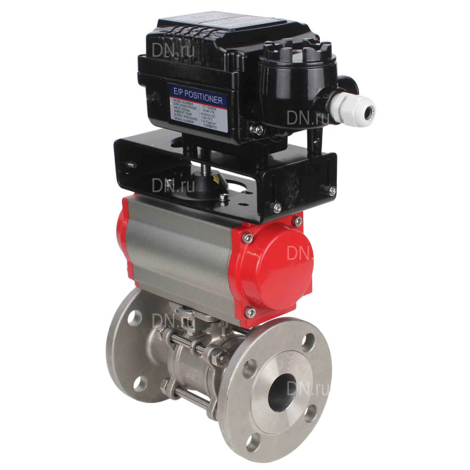 Кран шаровой BV3131P(3pc)-FP-F-ISO-H Ду25 Ру40, трехсоставной полнопроходной фланцевый, нержавеющая сталь SS304, PTFE, с пневмоприводом PA-DA-052 двойного действия и с электропневматическим поворотным позиционером YT-1000RSN без обратной связи в Алматы