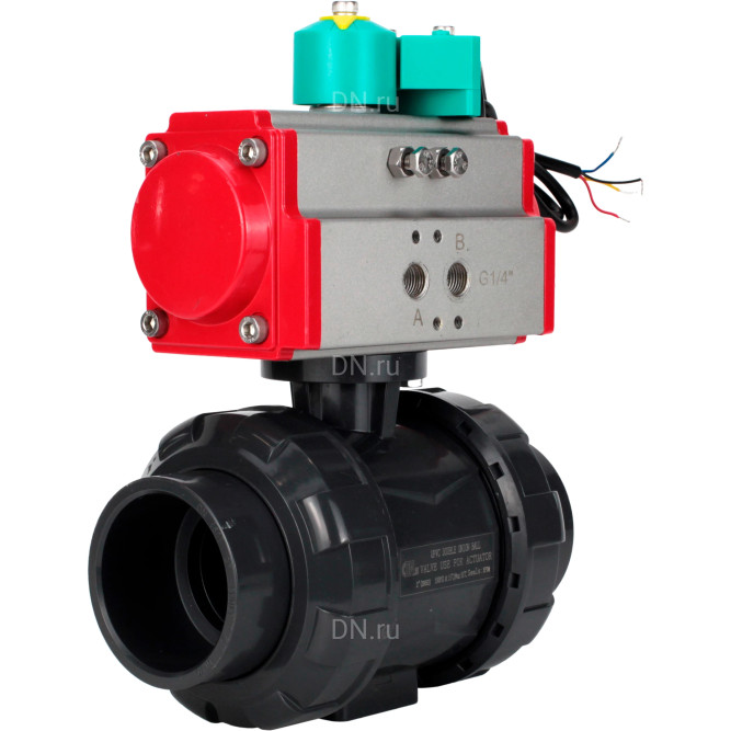 Кран шаровой BV4242E-FP-GRM-ISO Дн65 Ру10 полнопроходной, корпус - НПВХ, шар - НПВХ, уплотнение - EPDM, с пневмоприводом PA-DA-065 и магнитным переключателем ALS200D в Алматы