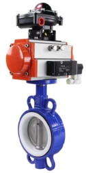 Затвор дисковый поворотный WBV3432P-2W-Fb-H Ду100 Ру16, корпус - углеродистая сталь WCB, диск - нержавеющая сталь 316L, уплотнение - PTFE, с пневмоприводом двойного действия PA-DA-105 и пневмораспределителем 4M310-08 AC220V, БКВ APL-210N