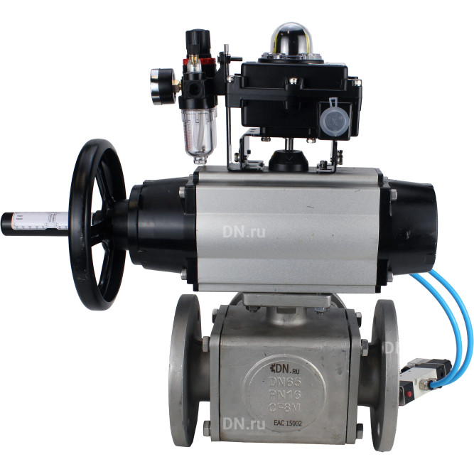 Кран шаровой BV3232P(4pc)-FP-3WL-F Ду100 Ру16 полнопроходной трехходовой, фланцевый, корпус - нержавеющая сталь SS316, с пневмоприводом PA-DA-105-1, пневмораспределителем 4V320-10 AC220V, БКВ APL-410N EX и БПВ AFC2000 в Алматы