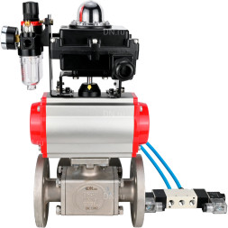 Кран шаровой BV3232P(4pc)-FP-3WL-F Ду40 Ру16 полнопроходной трехходовой, фланцевый, корпус - нержавеющая сталь SS316, с пневмоприводом PA-SA-105 с возвратными пружинами, пневмораспределителем 4V320-10 AC220V, БКВ APL-410N EX и БПВ AFC2000