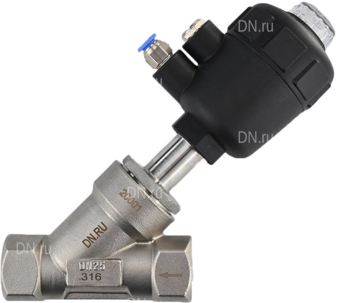 Клапан отсечной пневматический VSP3241P-T-1PNC Ду25 Ру25, корпус - нержавеющая сталь SS316, резьбовой, Y-образный, корпус привода - пластик в Алматы