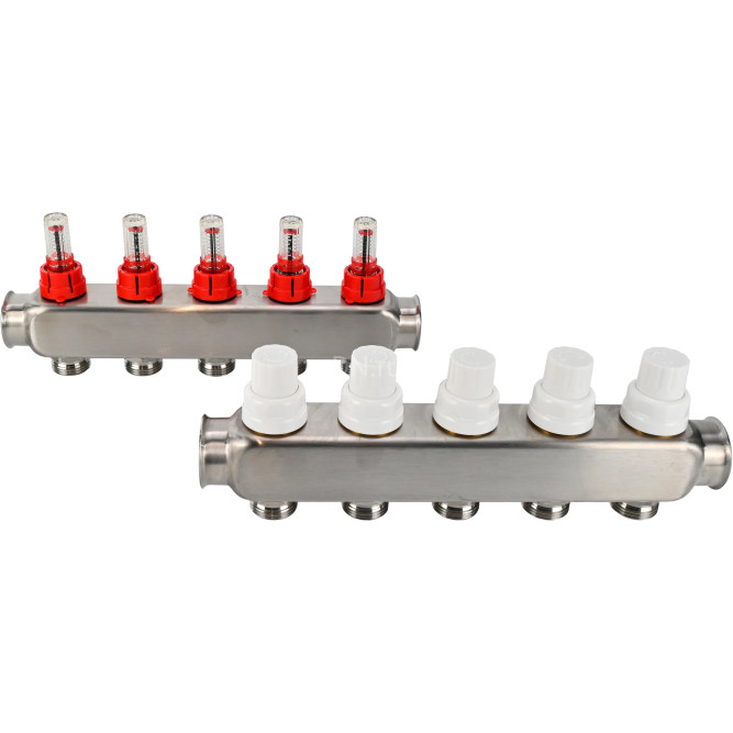 Коллекторная группа GC1-31-5 1″ Ду25 Ру10 отводов — 5, в сборе с расходомерами и терморегулирующими клапанами, без переходников, корпус - нержавеющая сталь AISI 304 в Алматы